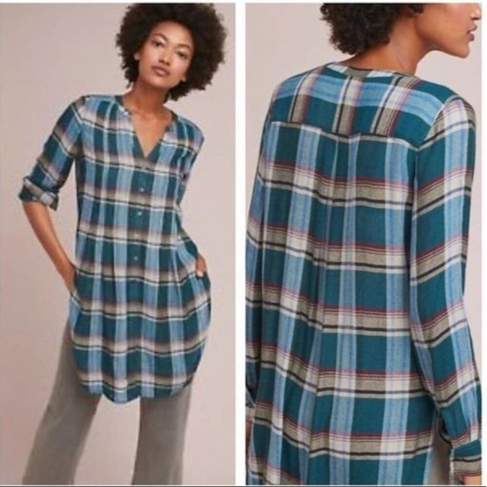 Anthropologie Akemi + Kin Lucie blue green plaid button down tunic size XS